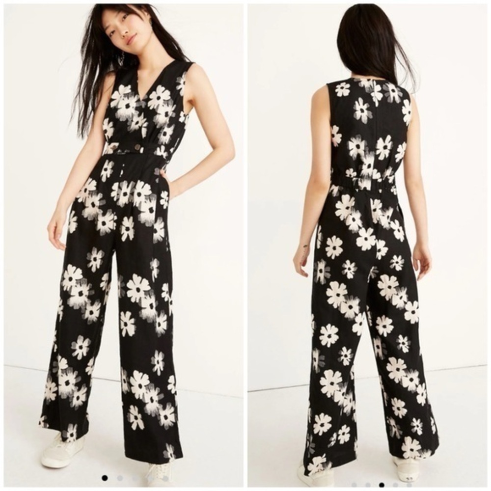 Madewell Floral Black and White linen Jumpsuit